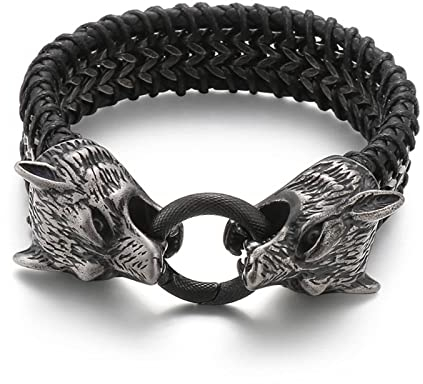 Stfery Armbänder Herren Leder, Männer Armband Elegant Edelstahl Schwarz Wolf 23CM 20MM Bracelet Modeschmuck Geschenke