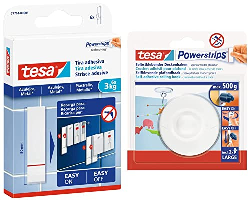 tesa Powerstrips Klebestreifen für Fliesen und Metall 3 kg & Powerstrips Deckenhaken - Selbstklebender, drehbarer Haken in Weiß zum Aufhängen von Decken-Dekoration - Bis zu 500 g Halteleistung