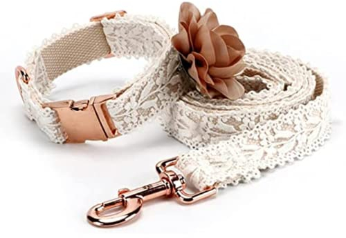 HQREA - Set aus Halsband und Leine, Bestickt mit Blumen, Spitze, mit Metallverschluss, verstellbar, für mittelgroße Hunde, Größe M