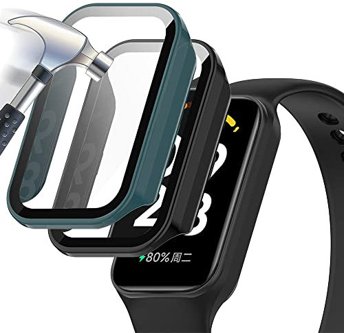 Acadeny 2 pezzi Custodia rigida compatibile con xiaomi redmi Smart Band 2 con pellicola protettiva,9H Durezza Hart PC Case sottile in vetro temperato per Smart, verde +Nero