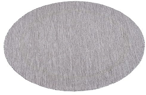 Teppium Outdoor Teppich Wetterfest 120 cm Rund Silberfarbe Sisal Optik - Küchenteppich Waschbar rutschfest, Wasserfest, Bordüre, Pflegeleicht - Ideal für Balkon, Terassen, Garten, Camping oder Küche