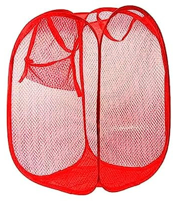 NTEK Foldable Pop-Up Mesh Washing Laundry Basket Bag Bin Hamper Toy Tidy Storage Fabric Organiser | Dirty Clothes Baskets with Handles& Side Pocket | Laundry Baskets Net Bag Clothes Bags (RED)