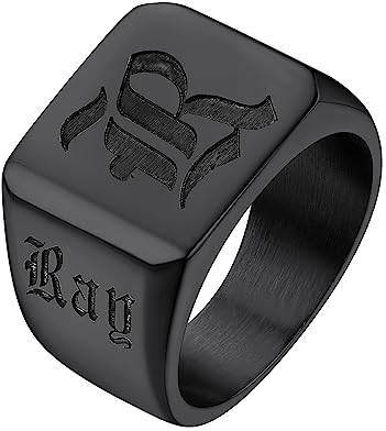 Supcare Herren Ring Schwarz Quadrat personalisierter Ring mit Namen Text Damen Siegelring Bandring Gravur Memorial Souvenir Fingerring Modeschmuck Accessoire für Muttertag Vatertag