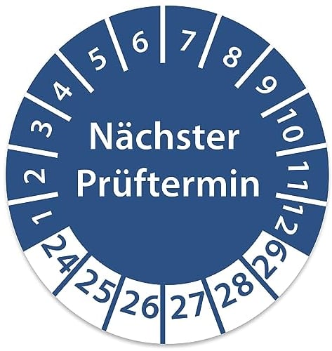 Prüfplakette DGUV V3 Nächster Prüftermin E-Check Elektro - 2024-2029 - Wasserfest/UV-Schutz - 30mm Plakette für Tritte Leitern Feuerlöscher Maschinen (100, Nächster Prüftermin - Blau)