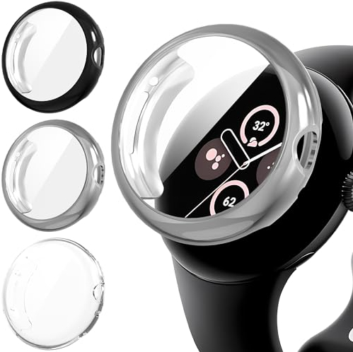 Diruite 3 Pezzi Custodia Protettiva Schermo per Google Pixel Watch 3/2/1 41mm Pellicola Protettiva,TPU Guscio Morbido Antigraffio Cover,Nero&Argento&Trasparente