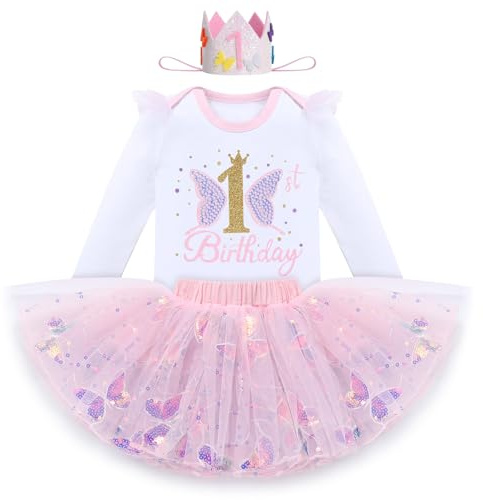 Tutina a maniche corte per il 1° compleanno+glitter paillettes farfalla tutù + corona di compleanno 3 pezzi vestito servizio fotografico