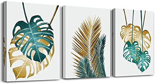 MHARTK66 Tableau Decoration Murale Salon Moderne Toile Monstera Doré et Vert Affiche Décoration Plantes Vertes Impression sur Toile Decoration Murale Chambre Salle de Bain
