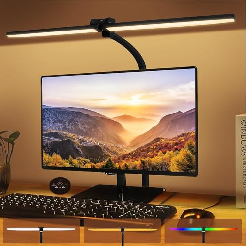 Sanfant Schreibtischlampe LED Dimmbar, 24W, 80CM, Doppelkopf Lampe mit Fernbedienung, Hand-Sweep-Schalter, stufenlose Beleuchtung, Augenschutz Tischleuchte mit Klemme für Home Office Spiel