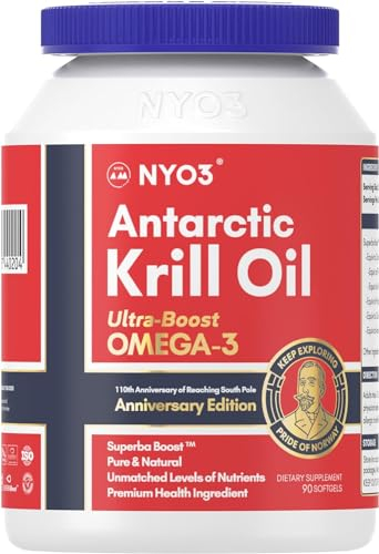 NYO3 Olio di Krill 1000mg Omega 3 EPA & DHA, Olio di Krill Antartico puro con Astaxantina, supporta il cervello, la pelle e il sistema immunitario, testato in laboratorio,90 capsule molli