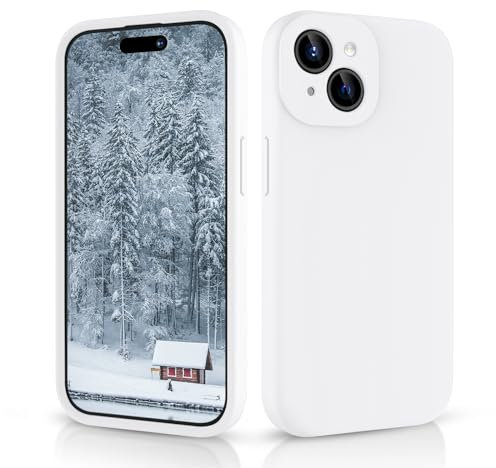 CALOOP Slim-Fit for iPhone 15 Case,Skin Soft Liquid Silicone,Sturdy Hard Frame Shockproof Cover with Anti-Scratch Microfiber Lining,Full Protection for Screen and Lens,6.1 inch (White)