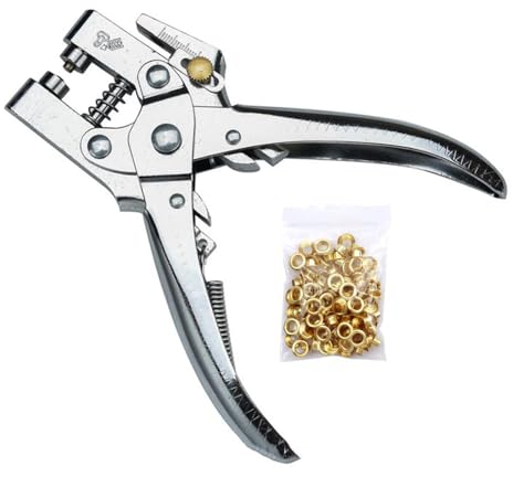 Ösenzange mit Locher, Tüllen Handlocher Werkzeug, Golden Ösen 4,5 mm, Lederwerkzeug zum Bastelarbeiten Gürtel Grußkarte DIY