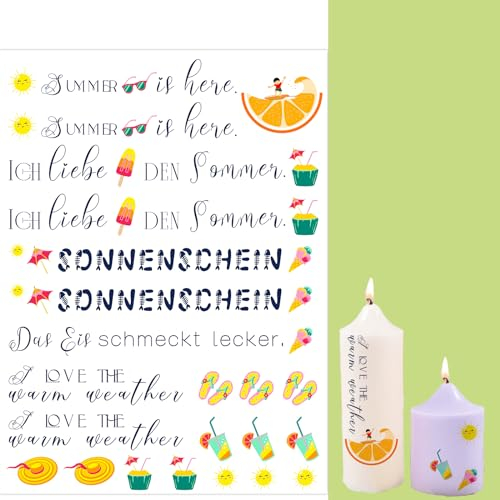Bolosa®4 Stück Kerzentattoos,Deko Sommer, Wasserschiebefolie, Kerzentattoo Sommer Deko, Kerzen Tattoo, Rub on Sticker,A5 19x14cm (Thema Sommer 3)