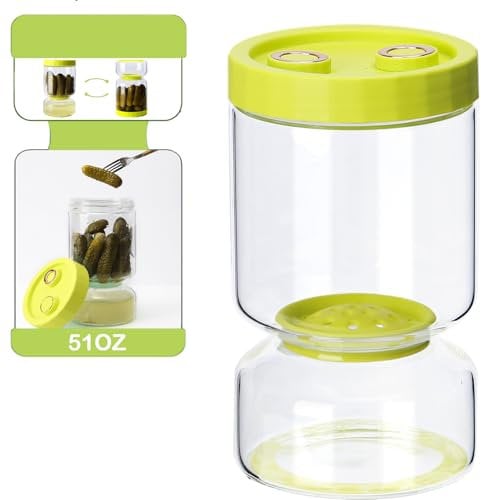 Pickle Jar with Strainer Flip, 51oz Glass Pickle Container with Strainer Upside Down, Anti-Slip Large Hourglass Pickle Storage Flip Jar With LeakProof Lid for Olives, Gherkins or Sliced Pickles
