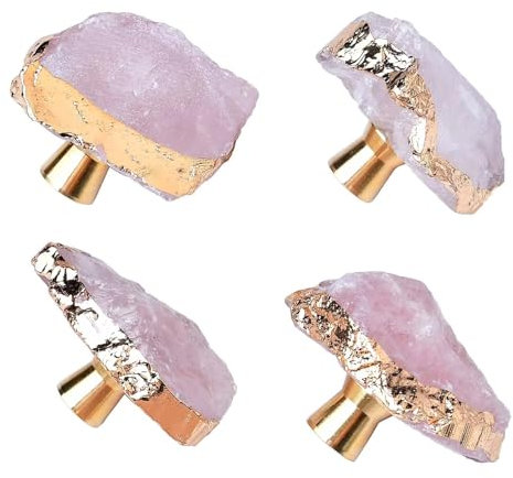 FZBHRO Rose Quartz Drawer Cabinet Knobs Purple Crystal Stone Knobs Handles Gold Plated Gemstone Cupboard Pulls Decorative for Home Office 4 Pack