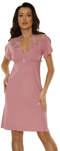 Selente Sweet Dreams Camicia da Notte/Negligee Elegante da Donna con Pizzo Seducente, Rosa Antico a Maniche Corte, Taglia S (42)