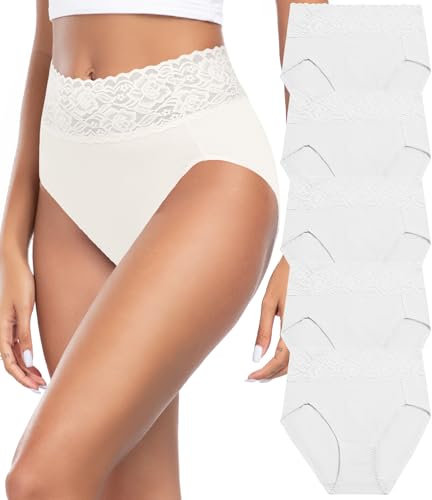 Wealurre Unterhosen Damen, Unterwäsche Frauen Baumwolle Hohe Taille Slip Damen Unterwäsche Spitze 5er Pack (6005,White,M)