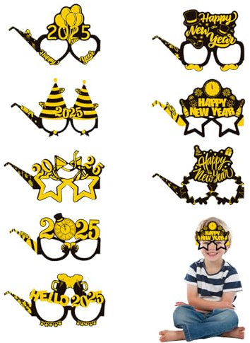 8 Stück Silvester Brille 2025,Silvester Deko 2025 Brillen New Year eve Party Neujahr Happy Foto Requisiten Accessoires Set Decorations Partybrille Sylvester Gold Zubehör Dekoration,für Silvesterdeko