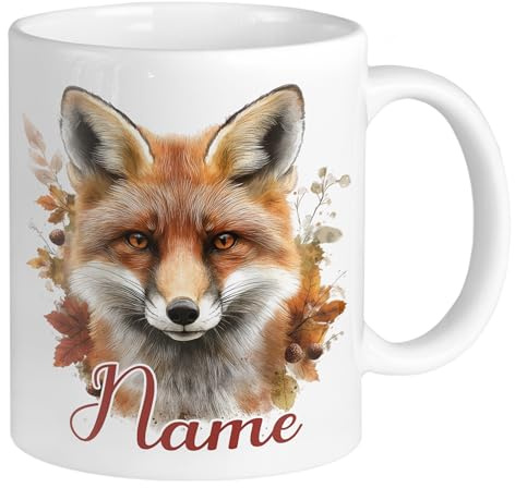 GRAZDesign Herbst Tasse Fuchs mit Namen personalisiert, Becher mit Herbstmotiv, Geschenk für Waldliebhaber, Keramik 330ml