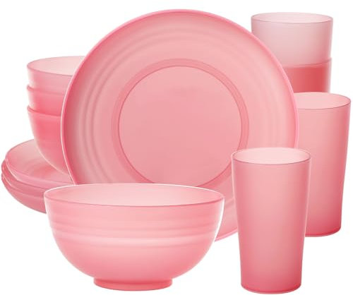 Greentainer Juego de vajilla de plástico irrompible, juego de cena ligero, 4 platos de comedor, 4 cuencos, 4 tazas, apto para microondas y lavavajillas, vajilla de camping para niños y adultos,