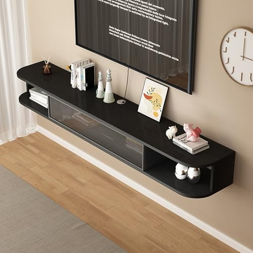 MBlack Meuble TV suspendu en rotin avec portes en verre Fixation murale étroite Console flottante en bois Meuble TV