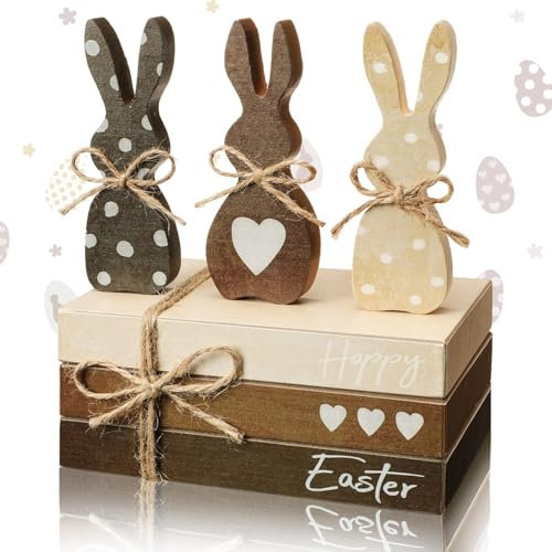 MURISE Osterdeko Holz, Frohe Ostern Deko Bücher mit 3x Osterhasen, Deko für Wohnzimmer, Esstisch, Regal, Couchtisch, Bücherregal, Aesthetic Room Decor, Frühlingsdeko