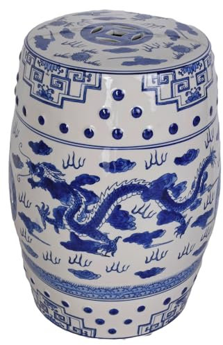 Gartenhocker Keramik Hocker Drache Chinoiserie Sitzhocker PIN011 Palazzo Exclusiv (Blau Weiss)