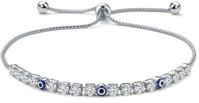 Leuyuee Böse Blick Armband für Damen nazar Amulett Viel Glück Schutz Edelstein Verstellbares Armband Stretch Zirkonia Schmuck Geschenke Valentinstag Muttertag Geburtstag Geschen (blau)
