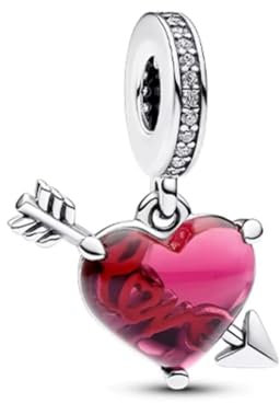Charm en Forma de Corazón con Flecha de Plata de Ley 925, Cristal de Murano Rosa, Compatible con Pulseras Pandora.