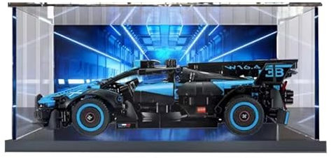 HCAEIOFJ Vitrine aus transparentem Acryl für Lego Technic 42162 kompatibel mit Bugatti Bolide Agile Blau Präsentationsbox (nur Vitrine) Schwarzer Hintergrund + Hintergrund 1