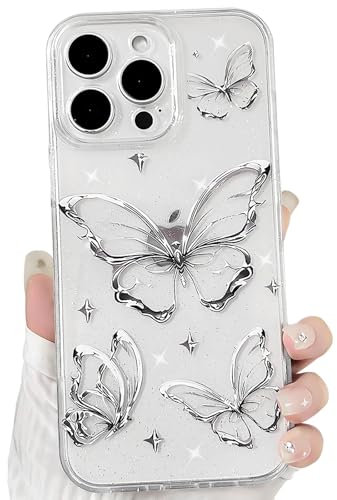 NITITOP Compatible with iPhone 14 Pro Case Cute Clear Glitter Butterfly Design Sparkly Bling Shiny Star Trendy Girls Women Soft Slim Anti-Yellow TPU Shockproof Protective Phone Cover - White