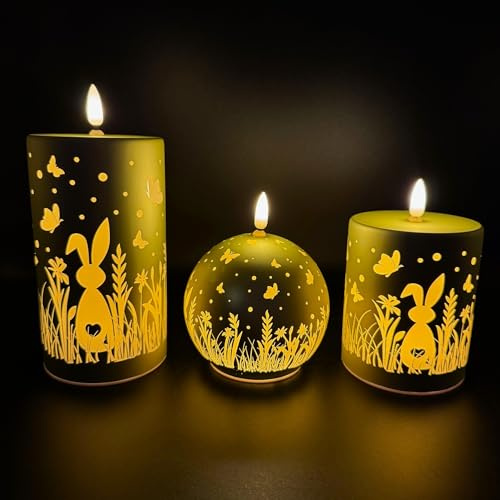 Online Fuchs 3 LED Kerzen aus Glas mit Blumen, Schmetterlingen, Hasen und 6-Stunden Timerfunktion - Deko für Oster, Frühling und Sommer (Hellgrün)