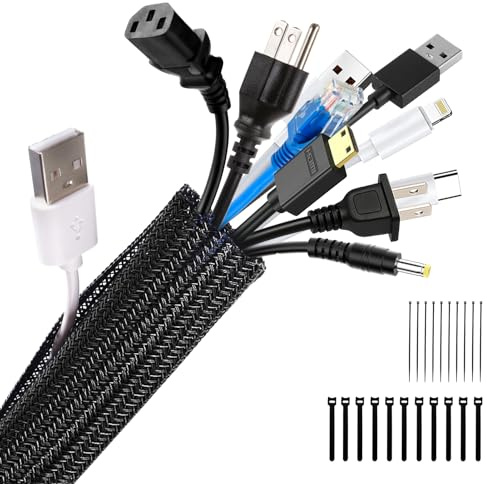 Garrulo Cable Tidy Sleeve, 10ft-3/4 inch Braided Split Sleeving with 10pcs Cable Ties and 10pcs Self-adhesive Tape