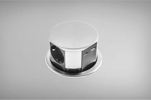 Ekotech Steckdose versenkbar ET115 - Steckdosentower mit QI Ladefunktion USB-C & A sowie 3 Schukosteckdosen 230V, Alu Edelstahl-Effekt