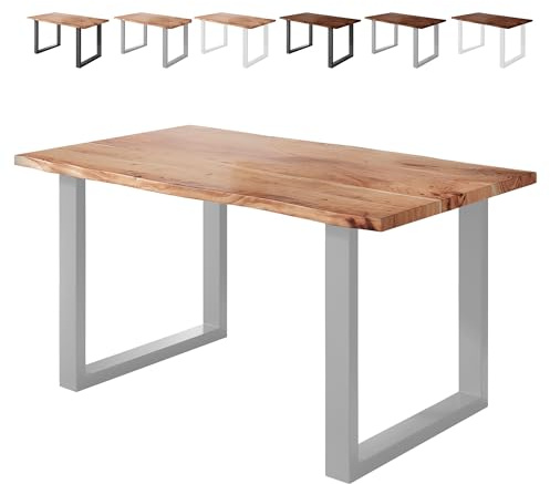 Loreno Esstisch 160×85×77cm Vento Akazie Natur – U-Gestell Silver | Massiver Akazienholztisch naturfarben mit 26mm starker Tischplatte – Perfekt für Esszimmer und Küche