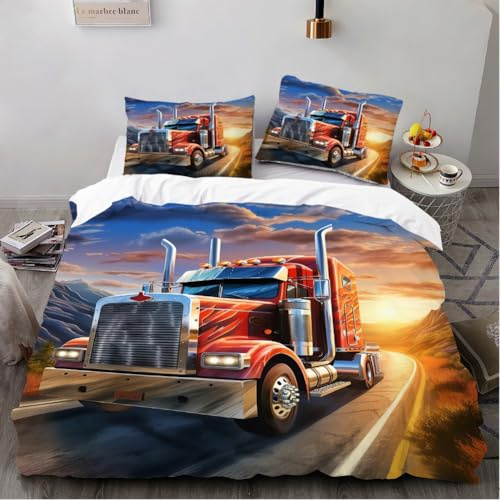 ZHDEDSP 3D LKW Bettwäsche-Set für Sommer, 155x220 cm Bettbezug mit 80x80 cm Kissenbezug, Mikrofaser, Reißverschluss