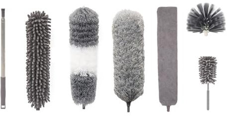 7PCS Feather Duster kit Extendable, Long Handle Duster Bendable Dusters for Ceiling Chandelier Furniture, with Crevice Cleaning Brush, Microfiber Cloths (7PCS)