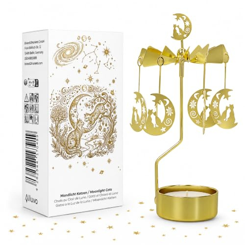 Mondlichtkatzen Teelicht-Karussell - Gold rotierender Kerzenhalter für Advent