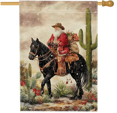 Bandiera per casa di Babbo Natale, rustica natalizia con cavallo, cactus di Natale, rossa su entrambi i lati, decorativa, per esterni, cortile, prato, patio, porta d'ingresso, 71 x 101 cm