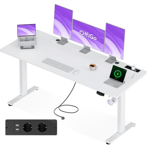 OffiGo Höhenverstellbarer Schreibtisch mit Steckdosen, 200x80cm, Weiß | Elektrischer Schreibtisch mit USB Ladeanschluss, Schreibtisch Höhenverstellbar mit Memory Funktion, Computertisch für Home