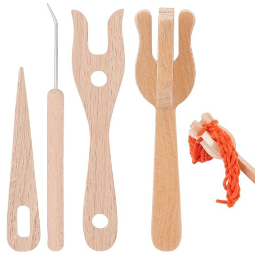 BENECREAT Juego de 4 tenedores de tejer de madera, tenedor de ganchillo y tenedor de tejer de madera con juego de agujas de ojal grande, horquillas Lucet para fabricación de pulseras de alfombras