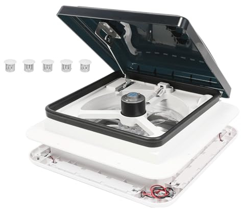 Dachluke Dachfenster Dachhaube 28 x 28 Wohnwagen Wohnmobil Caravan mit Insektenschutzgitter, Milchglashaube, Teleskopausstellern, UV-beständigem Kunststoff mit LED-Licht & Abluftventilator 12V