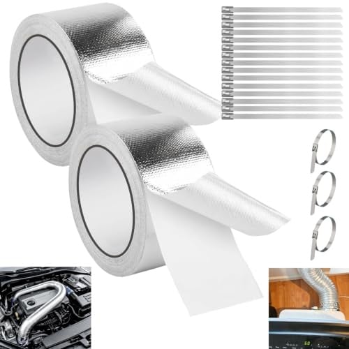 2 Rollen Hitzeschutzband Auspuff Selbstklebend 10m X 5cm mit 15 Stück Edelstahlkabelbinder, Aluminium Klebeband Hitzebeständig, Auspuffband Auspuffbandage Reparaturset für Auto Motorrad Krümmer