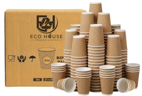 ECO House - 200 x 8oz Ripple Brown Kraft Paper Cups - Strong 3-PLY Disposable Insulated Coffee Cups - Leak-Proof Recyclable Drinking Cups for Hot Drinks, Tea, Coffee and Beverages