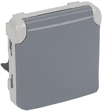 LEGRAND, Plexo Classic Steckdose (SL) 1-fach, IP55 Feuchtraum Schutzkontaktsteckdose Typ F, 16A 250V AC, mit Klappdeckel, Unterputz, Thermoplast halogenfrei, IK07, 64x64 mm, Farbe: Grau, 069575