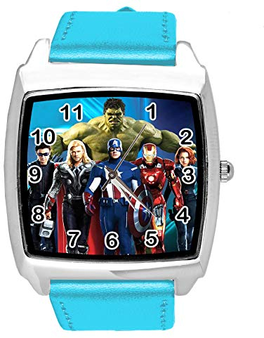 Taport® Quarzuhr blaues Lederband Quadrat für Fan des Marvel-Universums