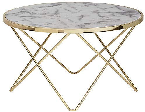 Wohnling Design Couchtisch Marmor Optik Weiß Rund Ø 85 cm Gold Metall-Gestell, Großer Wohnzimmertisch, Beistelltisch