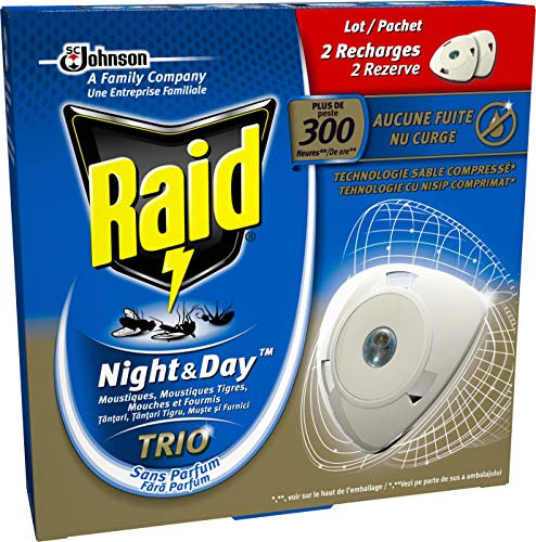 Raid 2 Recharges pour Diffuseur Électrique à Sable Compressé, Anti-Moustiques, Moustiques Tigres, Mouches et Fourmis, Night & Day Trio, Insecticide