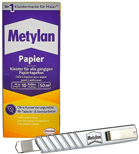 Metylan Colle à Papier Peint Papier, Colle à Papier Peint Forte pour Papier Peint léger, Normal et Lourd, Colle pour tapisser et bricoler, Paquet de 125 g et Un Cutter à Papier Peint Gratuit