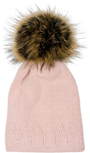 styleBREAKER Unisex warme einfarbige Strick Bommelmütze mit Zacken Muster, Abnehmbarer Kunstfellbommel, Winter Mütze 04024181, Farbe:Altrose