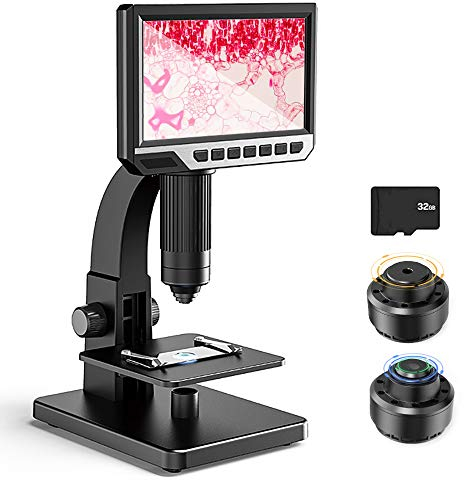 Microscopio digital con pantalla LCD de 7 pulgadas, doble lente 500-2000X, cámara de 12 MP con cámara 32G TF luz de 11 LED portátil recargable para ciencia y biología, escuela e investigación